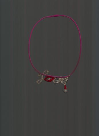 Girly-girl LOVE rhinestone, red lips & lipstick pendant on a pink 12-inch silkie necklace. FUN, STYLISH, LIGHTWEIGHT ALL IN ONE!