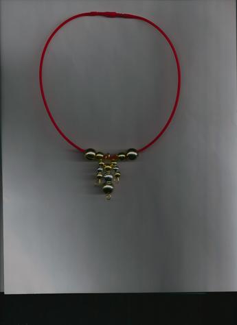 Metallic Gold & Silver round beads on a 12-inch Red Silkie necklace (light background)