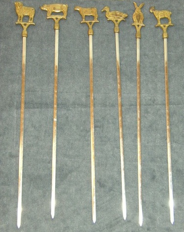Vintage, Folk Art Brass Animal Handle Skewers