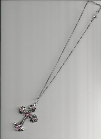 A BEAUTIFULLY-DESIGNED PINK RHINESTONE CROSS PENDANT 13" NECKLACE.