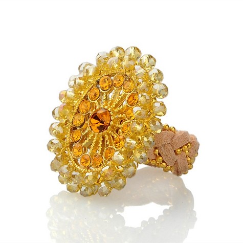 Burnt Orange, Yellow & White-Beaded Rhinestones. Blingy Cocktail Ring. LIGHTWEIGHT & COMFORTABLE!