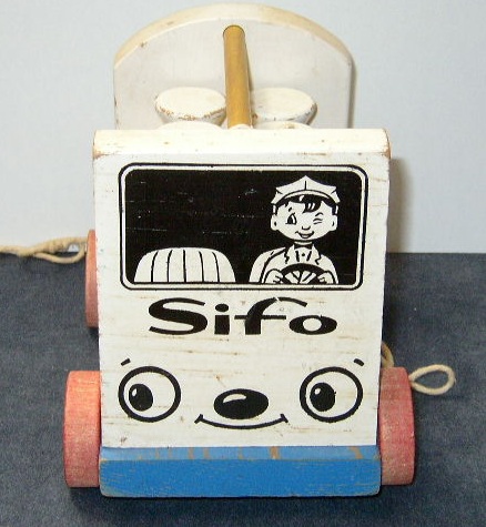 1954 SiFo Milk Wagon Pull Toy w/6 Milk Bottles