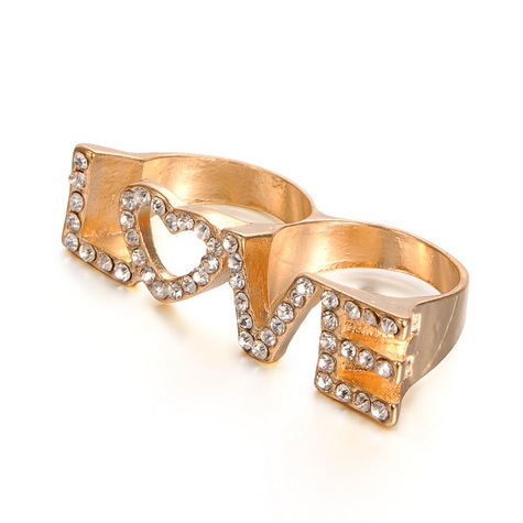 Golden Alloy Rhinestone Double Rings, LOVE Ring. ONE SIZE FITS ALL!
