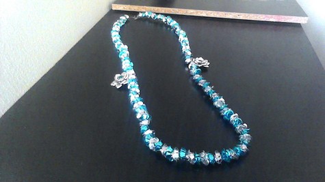 Metallic Blue & Silver Flower Double Pendant Necklace.