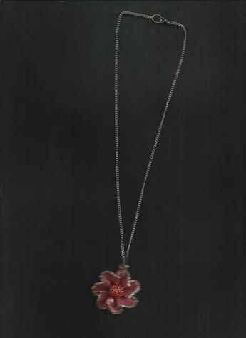 pretty, elegant necklace is a Dark Coral Flower Pendant adorned with White & Coral Rhinestones on 14" clasp necklace.