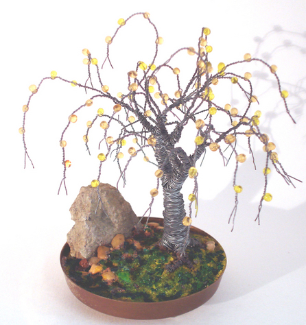 Beaded in Brass Base - Wire Tree Sculpture