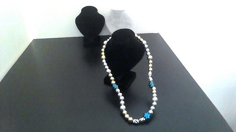 Silver, Gold Round Metallic Beads with Blue Metallic Flower beads on 14-inch Brass-plated wire, clasp necklace. STYLISH!