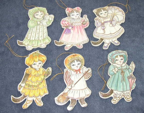 Set of Six (6) Old Fashioned Kitten Ornaments